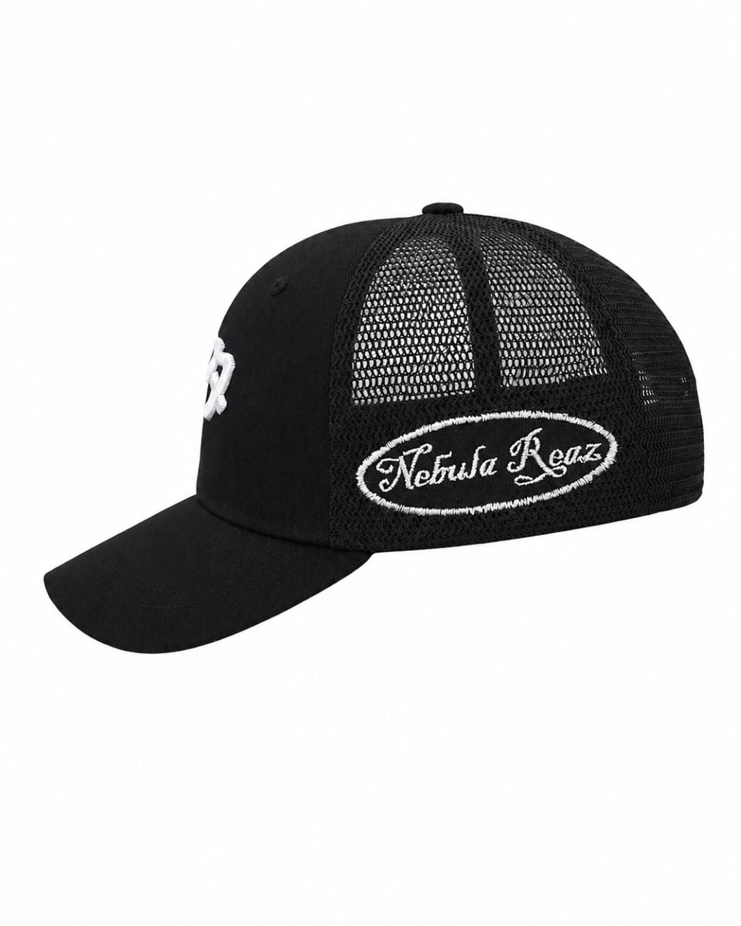 Negro | Gorra trucker Sutā negra, vista lateral